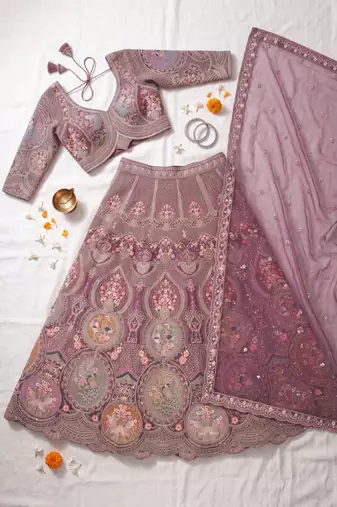 Women’s Heavy Embroidered Wedding Lehenga Choli – Purple/Mauve Party Wear Ethnic Indian Lehenga with Scalloped Dupatta