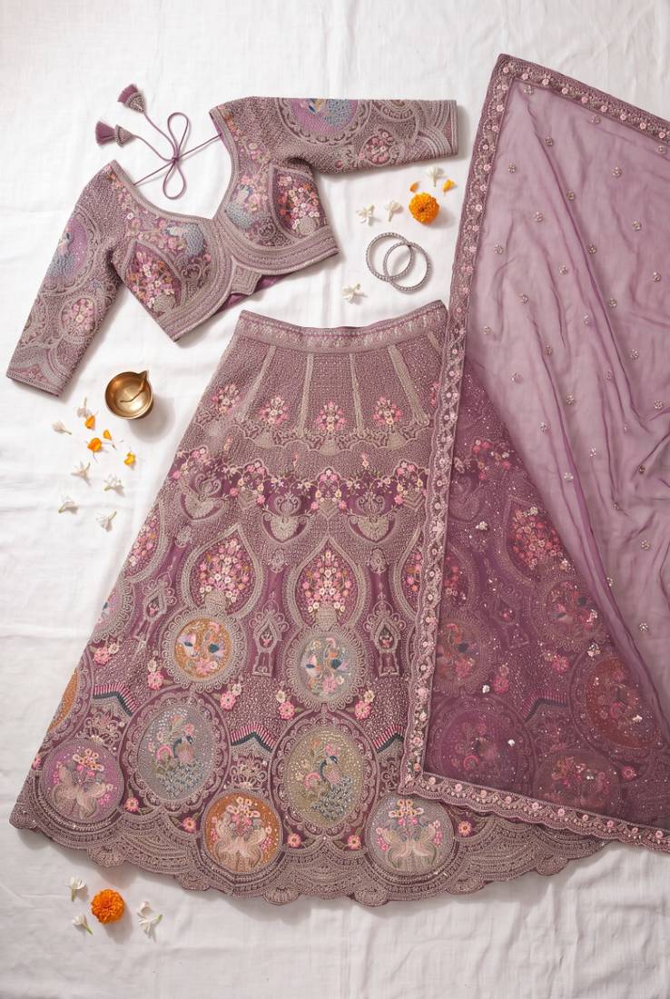 Women’s Heavy Embroidered Wedding Lehenga Choli – Purple/Mauve Party Wear Ethnic Indian Lehenga with Scalloped Dupatta