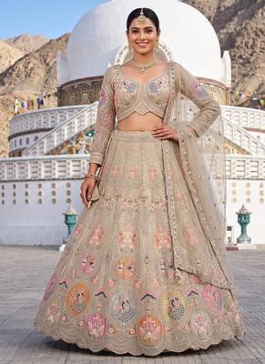 Luxurious Beige Ethnic Lehenga Set with Floral and Peacock Embroidery – Perfect for Weddings and Festive Occasions 1