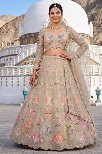 Luxurious Beige Ethnic Lehenga Set with Floral and Peacock Embroidery – Perfect for Weddings and Festive Occasions
