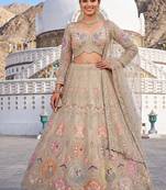 Luxurious Beige Ethnic Lehenga Set with Floral and Peacock Embroidery – Perfect for Weddings and Festive Occasions