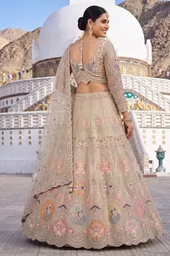 Luxurious Beige Ethnic Lehenga Set with Floral and Peacock Embroidery – Perfect for Weddings and Festive Occasions