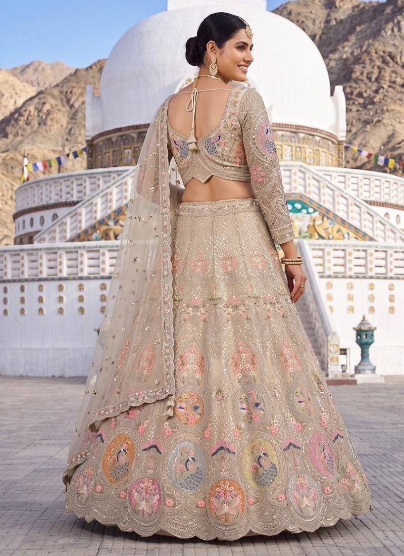Luxurious Beige Ethnic Lehenga Set with Floral and Peacock Embroidery – Perfect for Weddings and Festive Occasions