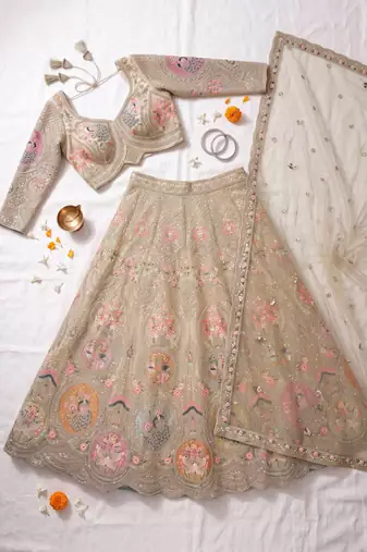 Luxurious Beige Ethnic Lehenga Set with Floral and Peacock Embroidery – Perfect for Weddings and Festive Occasions