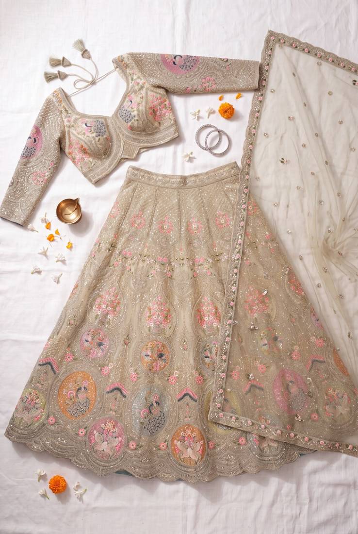 Luxurious Beige Ethnic Lehenga Set with Floral and Peacock Embroidery – Perfect for Weddings and Festive Occasions