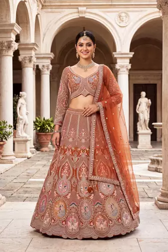 Designer Rust Orange Embroidered Lehenga Choli with Heavy Thread Work and Sequins for Wedding and Festive Wear