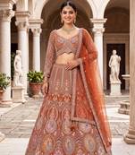 Designer Rust Orange Embroidered Lehenga Choli with Heavy Thread Work and Sequins for Wedding and Festive Wear
