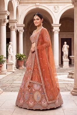 Designer Rust Orange Embroidered Lehenga Choli with Heavy Thread Work and Sequins for Wedding and Festive Wear 2