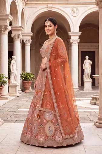Designer Rust Orange Embroidered Lehenga Choli with Heavy Thread Work and Sequins for Wedding and Festive Wear