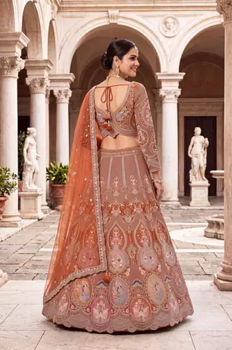 Designer Rust Orange Embroidered Lehenga Choli with Heavy Thread Work and Sequins for Wedding and Festive Wear