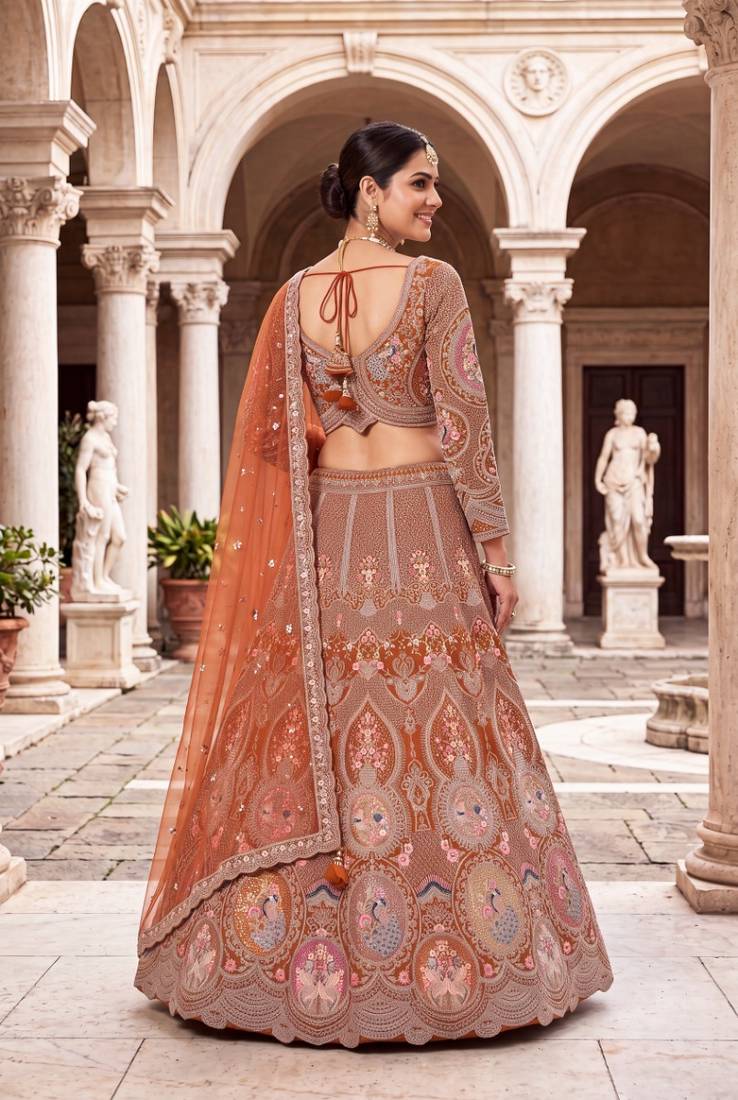 Designer Rust Orange Embroidered Lehenga Choli with Heavy Thread Work and Sequins for Wedding and Festive Wear