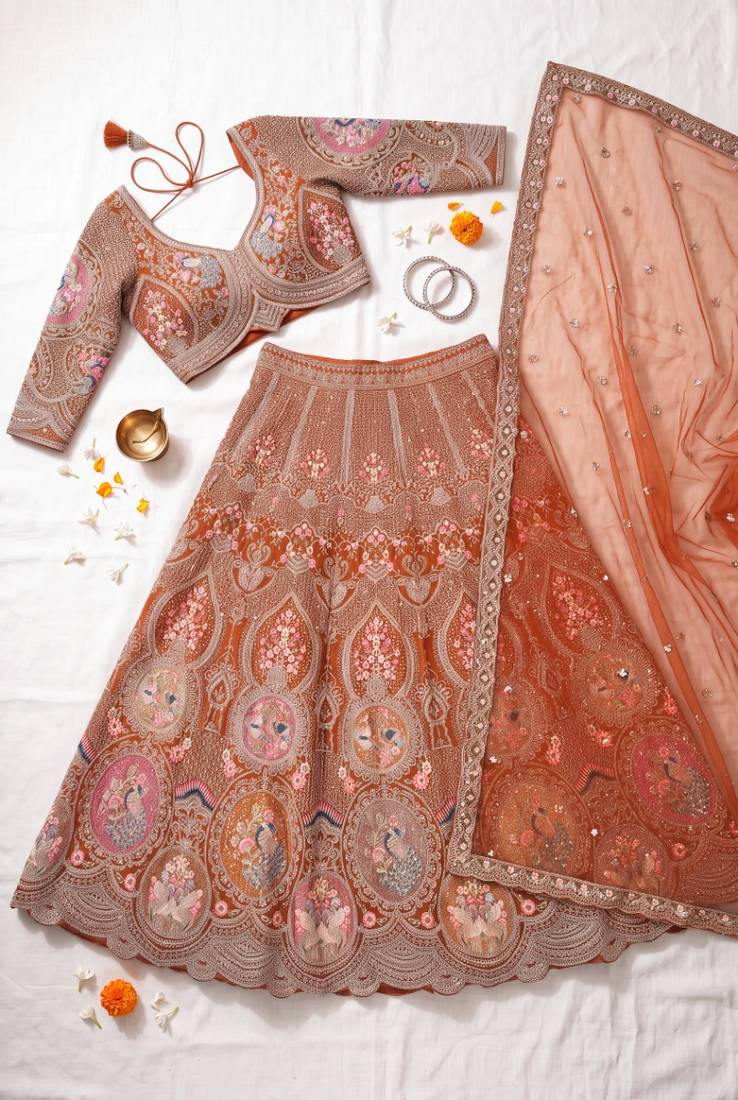 Designer Rust Orange Embroidered Lehenga Choli with Heavy Thread Work and Sequins for Wedding and Festive Wear
