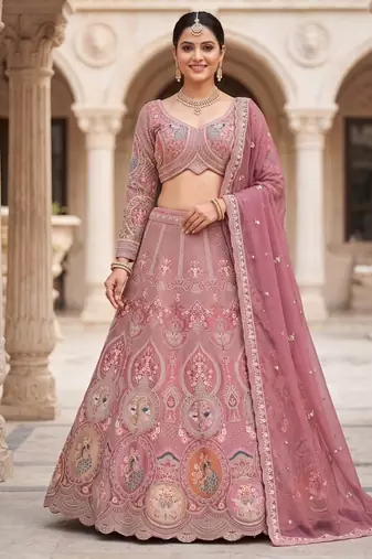 Dusty Rose Designer Lehenga Choli with Intricate Embroidery and Matching Dupatta – Elegant Ethnic Bridal/Wedding Wear