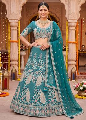 Elegant Teal Blue Embroidered Lehenga Choli with Peacock Motif and Matching Dupatta 1