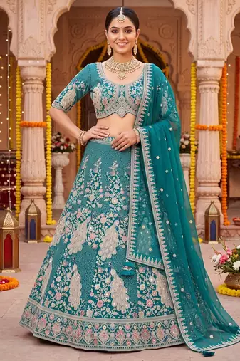Elegant Teal Blue Embroidered Lehenga Choli with Peacock Motif and Matching Dupatta