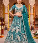 Elegant Teal Blue Embroidered Lehenga Choli with Peacock Motif and Matching Dupatta