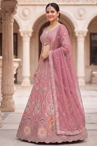 Dusty Rose Designer Lehenga Choli with Intricate Embroidery and Matching Dupatta – Elegant Ethnic Bridal/Wedding Wear