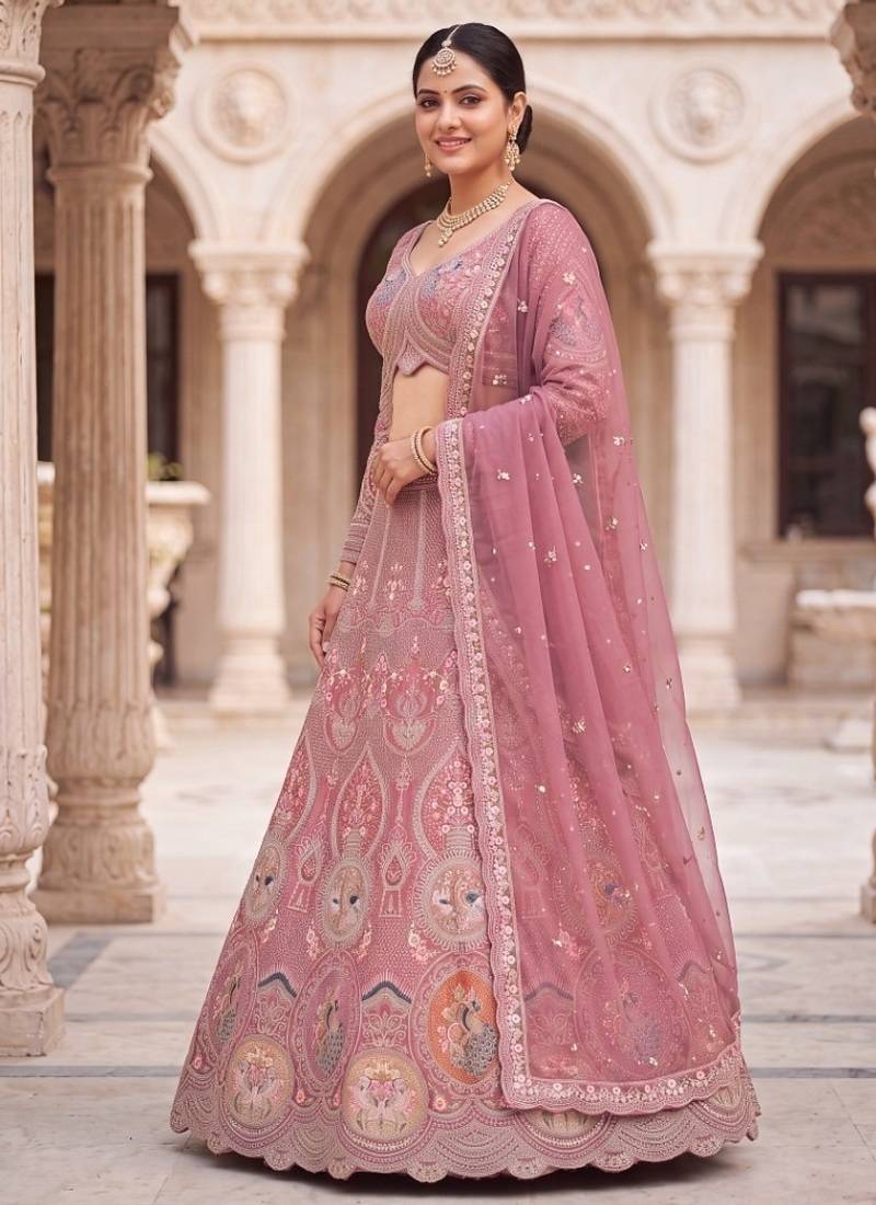 Dusty Rose Designer Lehenga Choli with Intricate Embroidery and Matching Dupatta – Elegant Ethnic Bridal/Wedding Wear