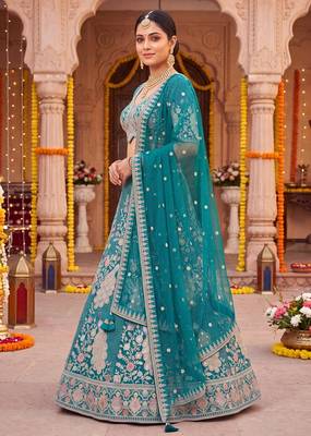Elegant Teal Blue Embroidered Lehenga Choli with Peacock Motif and Matching Dupatta 2