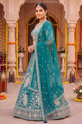 Elegant Teal Blue Embroidered Lehenga Choli with Peacock Motif and Matching Dupatta