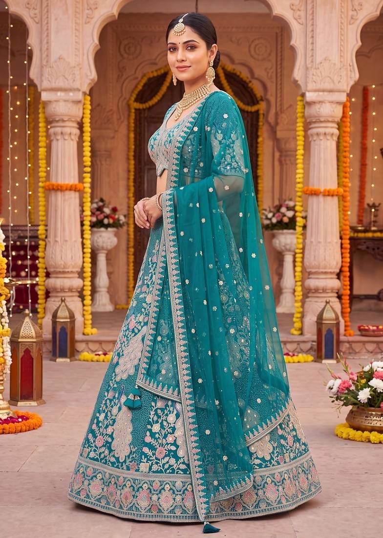 Elegant Teal Blue Embroidered Lehenga Choli with Peacock Motif and Matching Dupatta