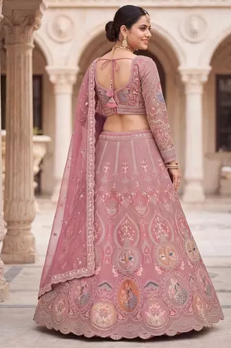 Dusty Rose Designer Lehenga Choli with Intricate Embroidery and Matching Dupatta – Elegant Ethnic Bridal/Wedding Wear