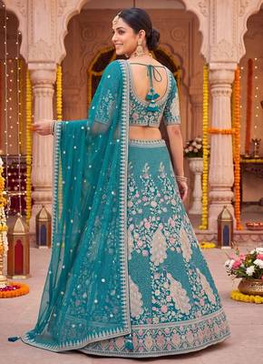 Elegant Teal Blue Embroidered Lehenga Choli with Peacock Motif and Matching Dupatta 3
