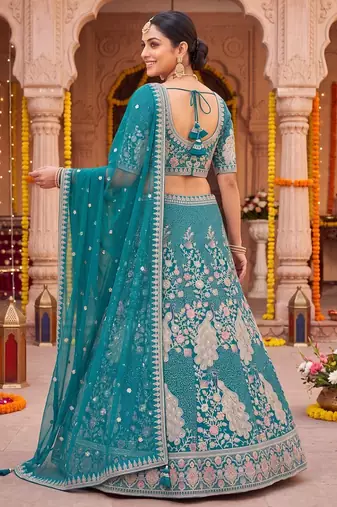Elegant Teal Blue Embroidered Lehenga Choli with Peacock Motif and Matching Dupatta