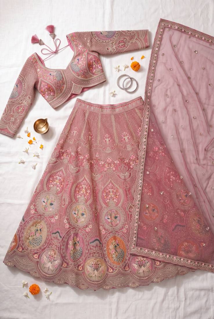 Dusty Rose Designer Lehenga Choli with Intricate Embroidery and Matching Dupatta – Elegant Ethnic Bridal/Wedding Wear