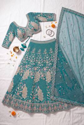 Elegant Teal Blue Embroidered Lehenga Choli with Peacock Motif and Matching Dupatta 4