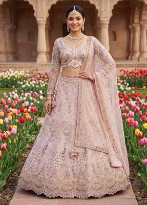 Designer Embroidered Pastel Pink Lehenga Choli Set with Peacock Motif and Net Dupatta for Wedding and Festive Wear 1