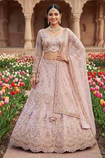 Pink Embroidered Lehenga Choli Set with Peacock Motif and Net Dupatta