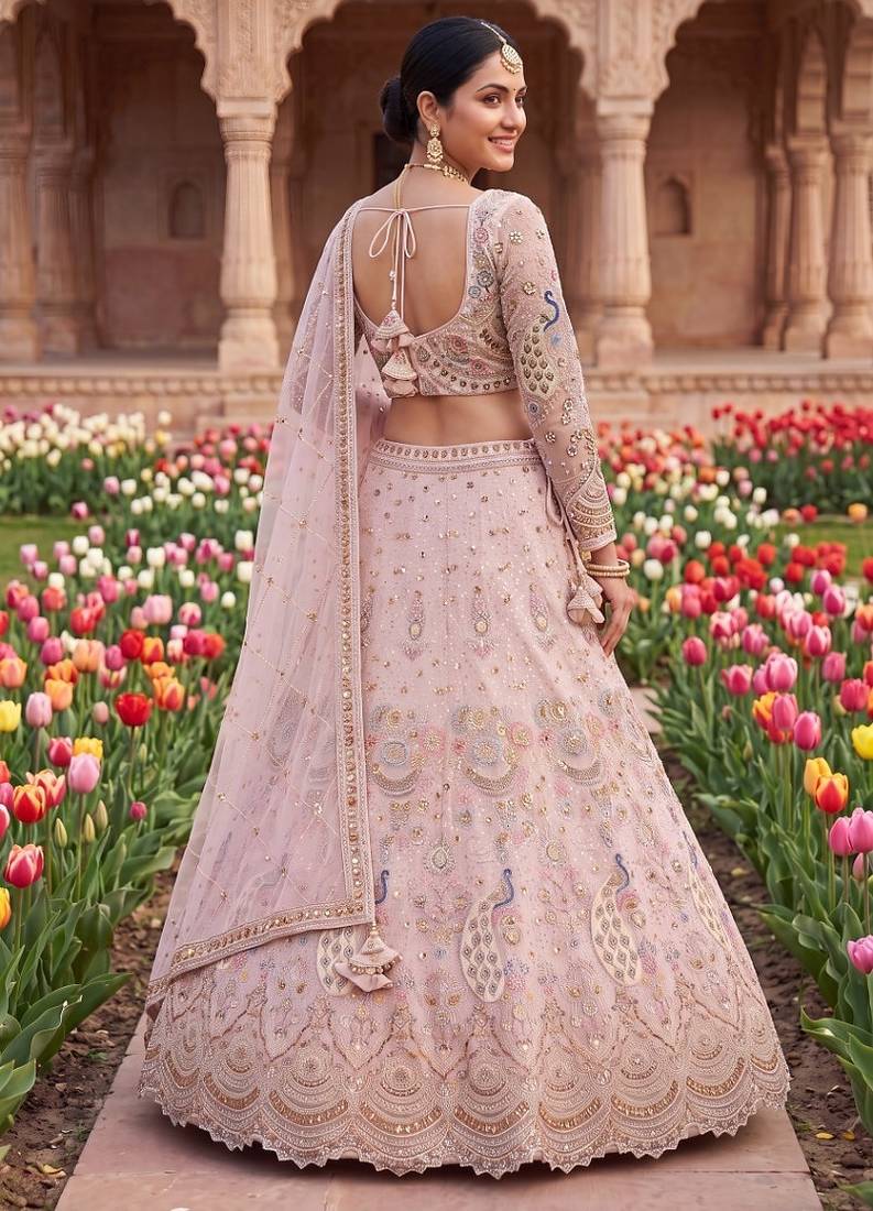 Designer Embroidered Pastel Pink Lehenga Choli Set with Peacock Motif and Net Dupatta for Wedding and Festive Wear