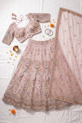 Designer Embroidered Pastel Pink Lehenga Choli Set with Peacock Motif and Net Dupatta for Wedding and Festive Wear 4