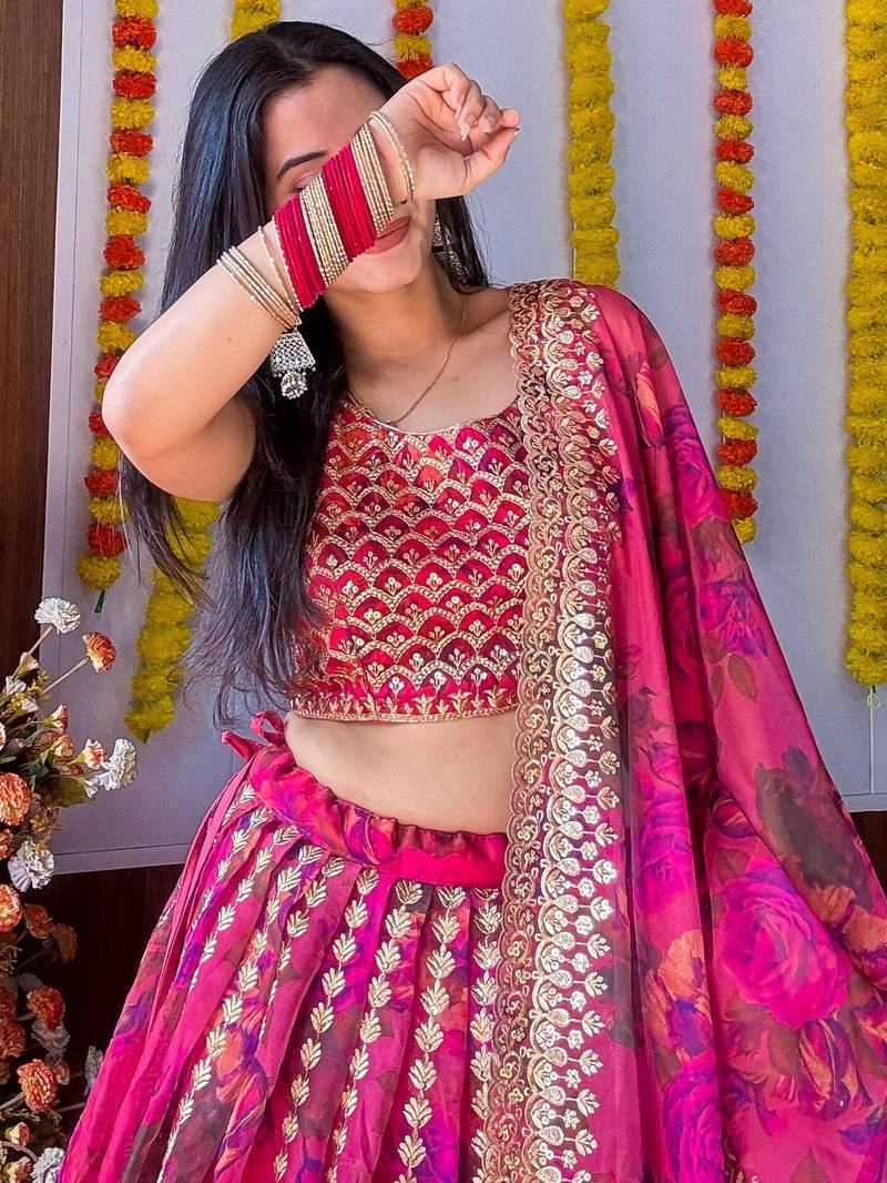 Rani pink zari sequins embroiderey floral printed organza Stitched lehenga choli