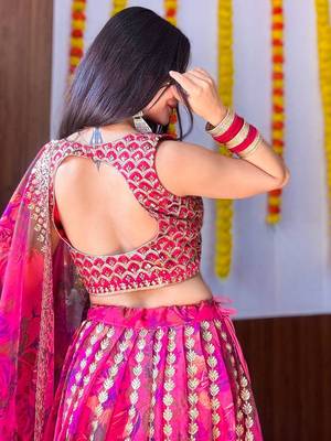 Rani pink zari sequins embroiderey floral printed organza Stitched lehenga choli 3