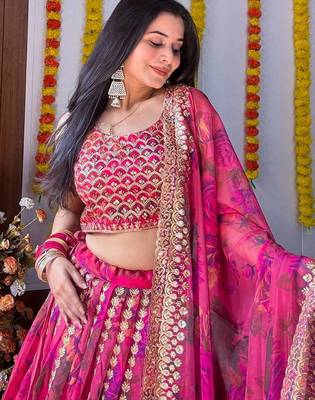 Rani pink zari sequins embroiderey floral printed organza Stitched lehenga choli 5
