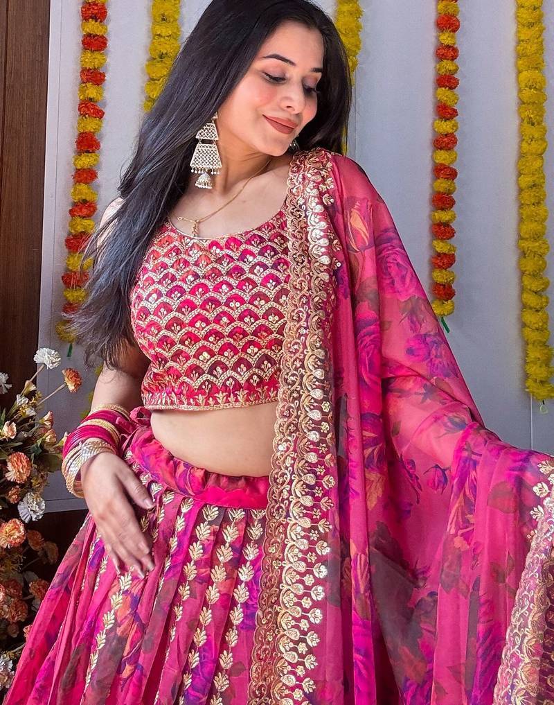 Rani pink zari sequins embroiderey floral printed organza Stitched lehenga choli