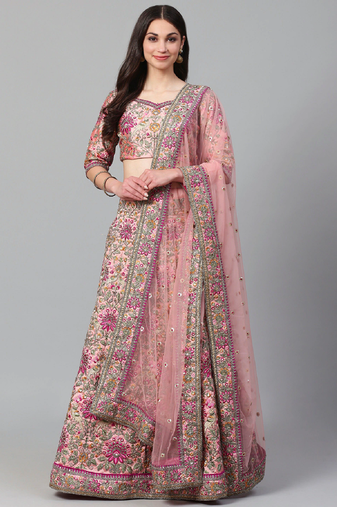 baby pink dori, zari and thread embroidered art silk bridal stitched lehenga choli