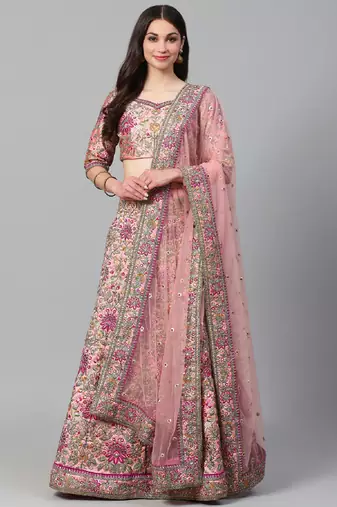 baby pink dori, zari and thread embroidered art silk bridal stitched lehenga choli