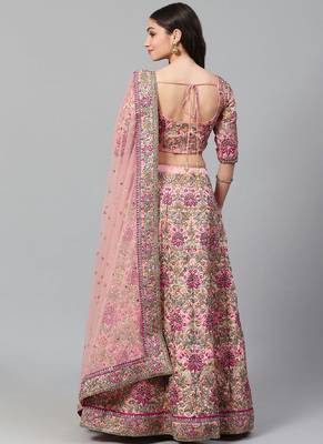 baby pink dori, zari and thread embroidered art silk bridal stitched lehenga choli 2