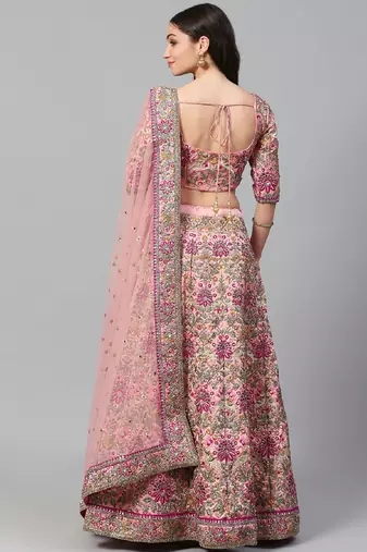 baby pink dori, zari and thread embroidered art silk bridal stitched lehenga choli