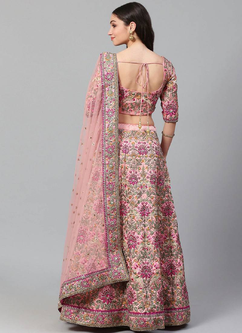 baby pink dori, zari and thread embroidered art silk bridal stitched lehenga choli
