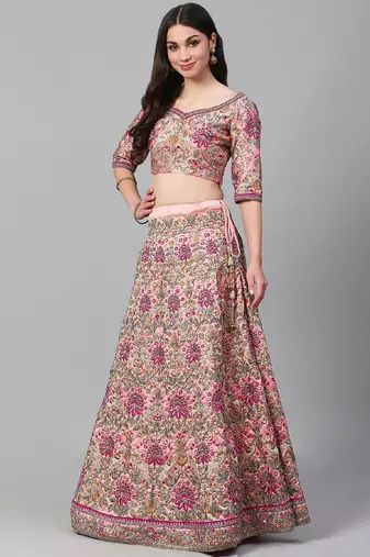 baby pink dori, zari and thread embroidered art silk bridal stitched lehenga choli