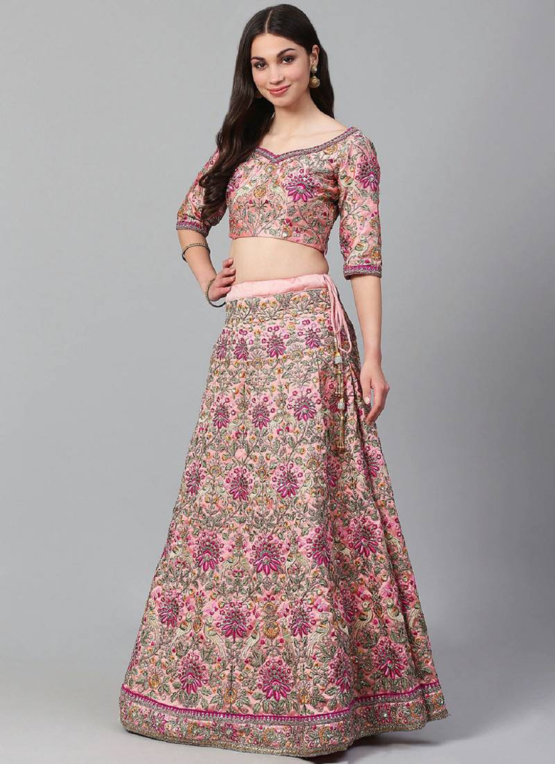 baby pink dori, zari and thread embroidered art silk bridal stitched lehenga choli