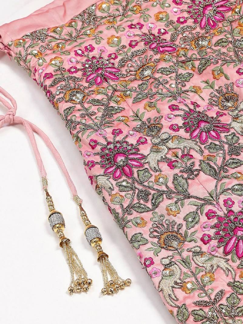 baby pink dori, zari and thread embroidered art silk bridal stitched lehenga choli