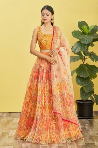 Yellow and orange organza multicolor printed Stitched lehenga choli