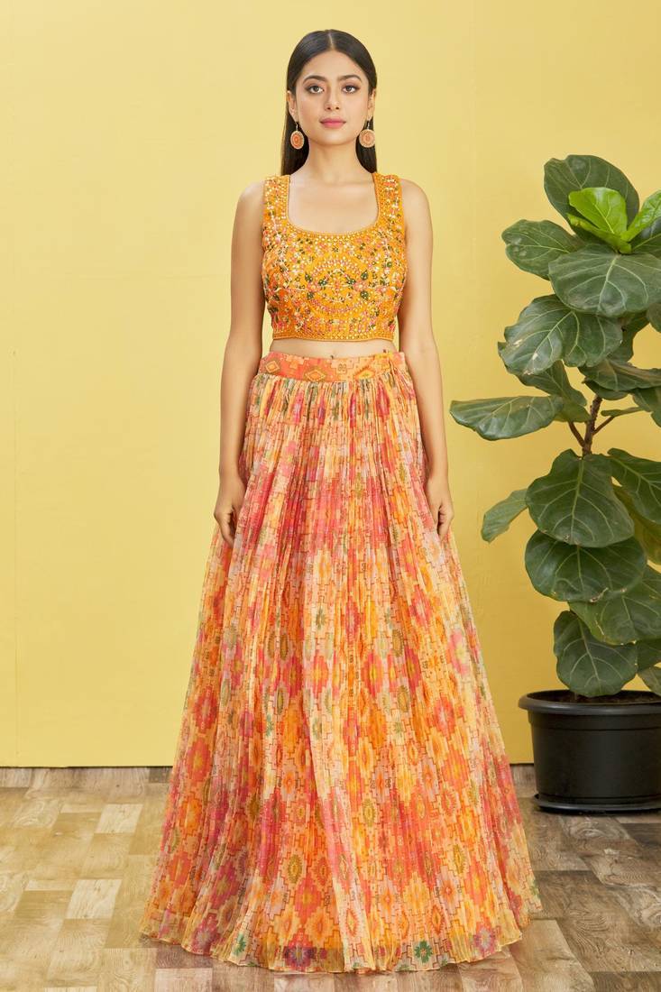 Yellow and orange organza multicolor printed Stitched lehenga choli