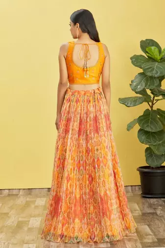 Yellow and orange organza multicolor printed Stitched lehenga choli