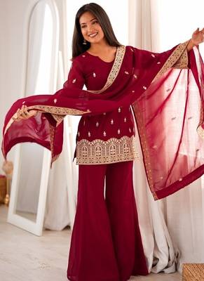 Maroon color crunchy silk embroidered top bel bottom PANT dupatta full stitched. 1